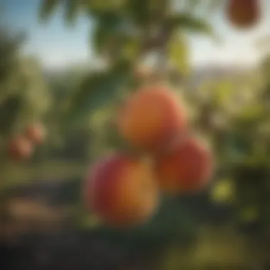 Close-up of ripe peaches hanging on a tree branch