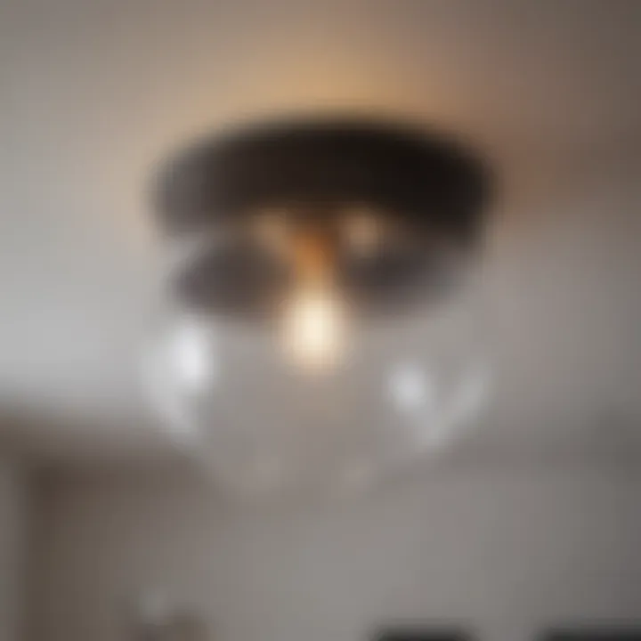 Close-up of a stylish ceiling light illuminating a modern living space.