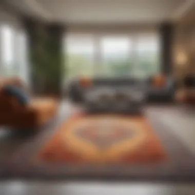 Contemporary living room with a unique rug shape complementing the furniture layout