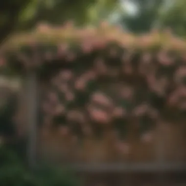 A well-maintained climbing rose trellis against a rustic wooden fence