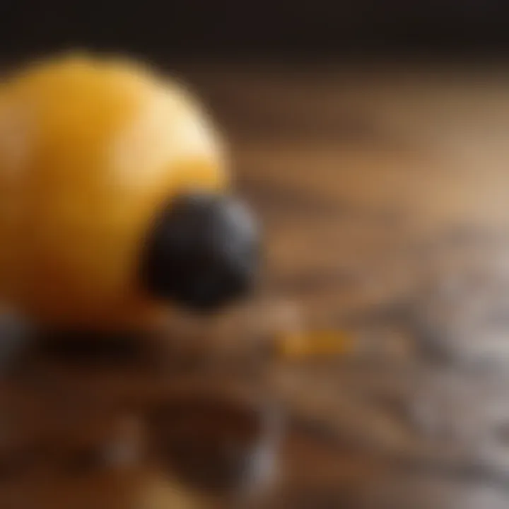 Citrus oil droplets glistening on a wooden surface