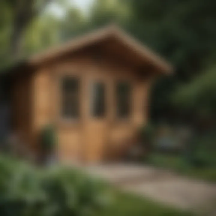 A cozy skinny garden shed with wooden panels and flower boxes, blending beautifully with the garden.