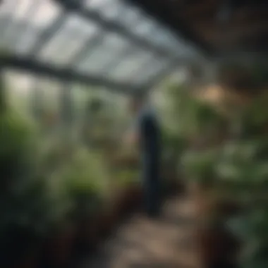 A gardener maintaining plants in a small hothouse, demonstrating care techniques.