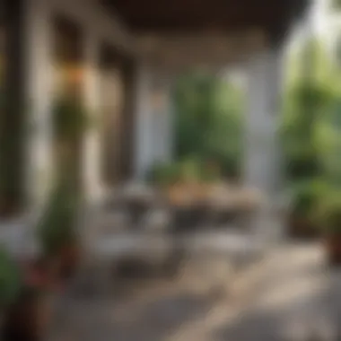 An outdoor patio decorated with bright table settings and blooming potted plants.