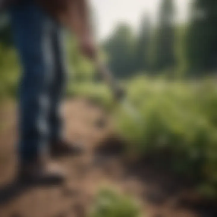 Gardener using a hoe for weed removal