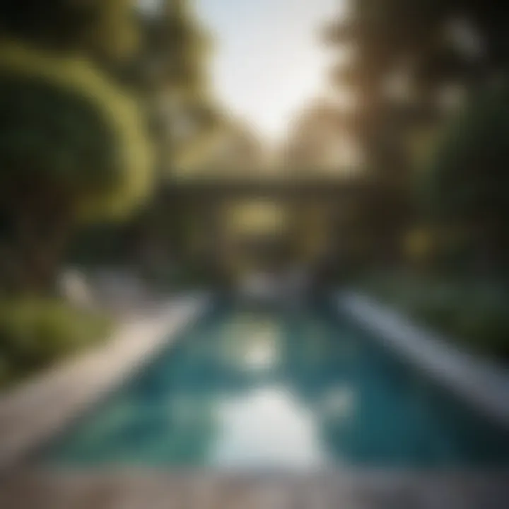 A serene backyard featuring a swimming pool with lush landscaping