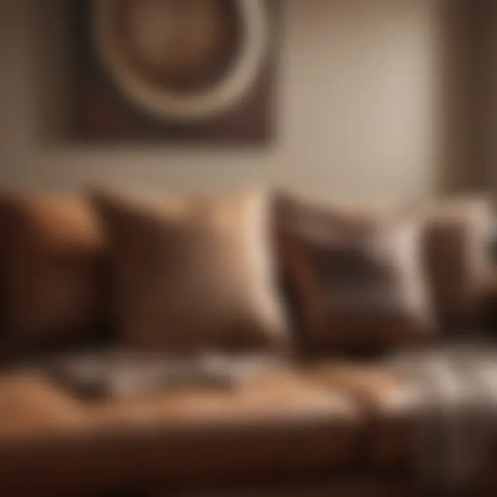 Close-up of a tan brown couch with stylish throw pillows