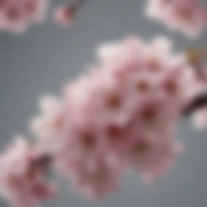 A close-up of cherry blossoms, capturing the fine details of the petals and their subtle variations in color.