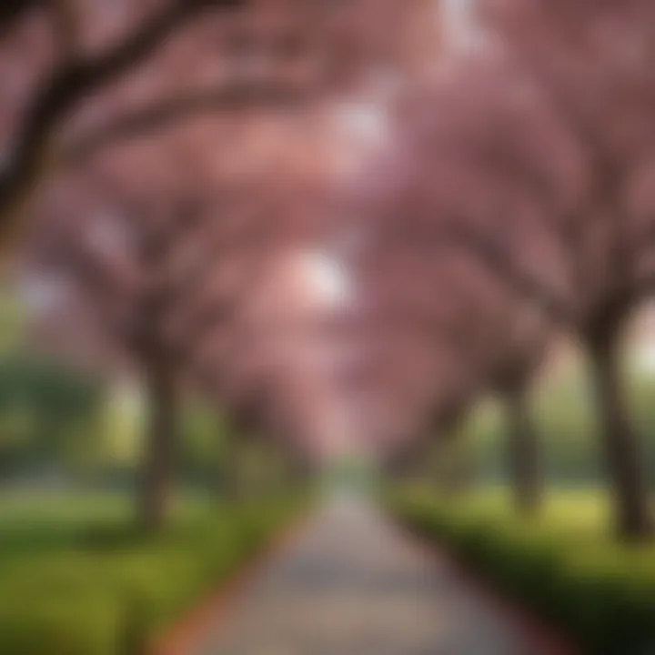 A tranquil park scene with cherry trees lining a path, inviting visitors to walk beneath the blooming canopy.