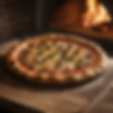 Close-up of a pizza being baked in a brick oven, highlighting the perfect crust