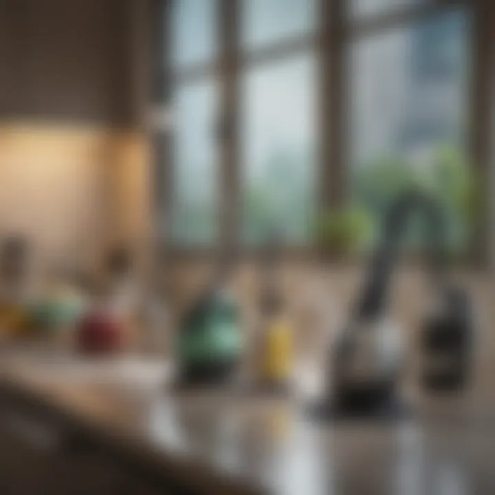 Different types of steam cleaners displayed on a kitchen counter