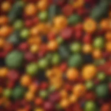 Vibrant Fresh Produce for Juicing A close-up view of fresh fruits and vegetables prepared for cold pressing, highlighting their vibrant colors.