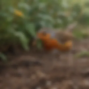 A close-up of a robin searching for worms in the soil, illustrating its natural feeding habits.