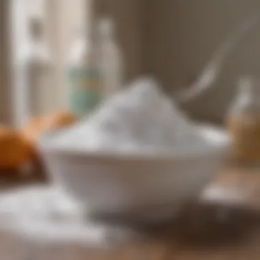 Baking soda displayed in a bowl ready for use Baking soda in a bowl with a spoon