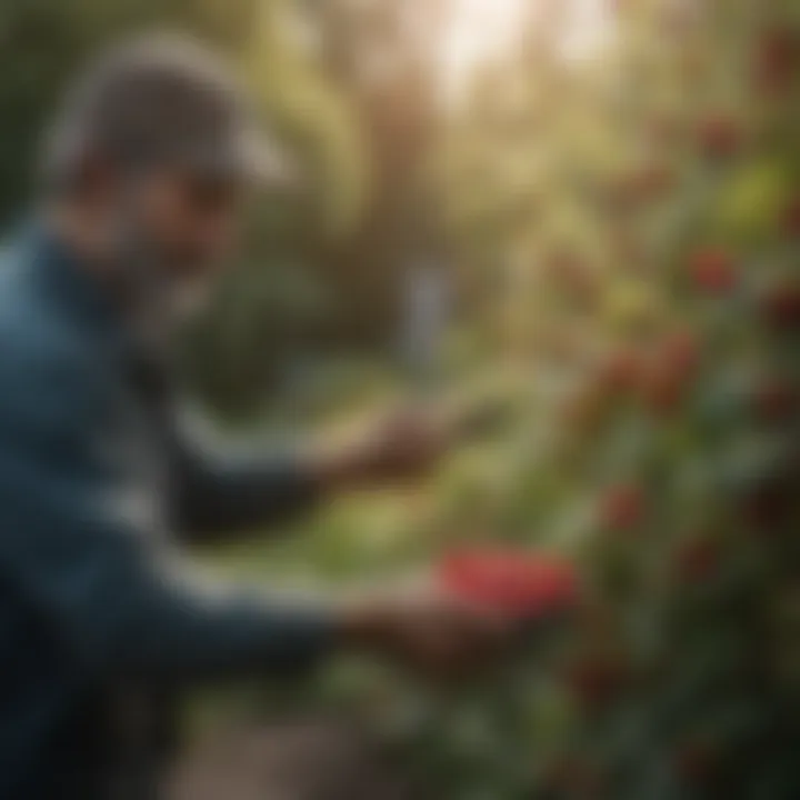 A gardener applying fertilizer around raspberry bushes