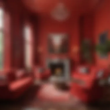 A vibrant living room with bold red walls stimulating energy