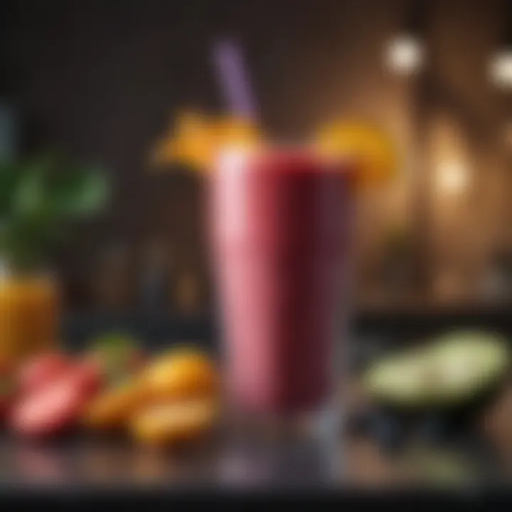 A delicious smoothie in a glass with colorful garnishes