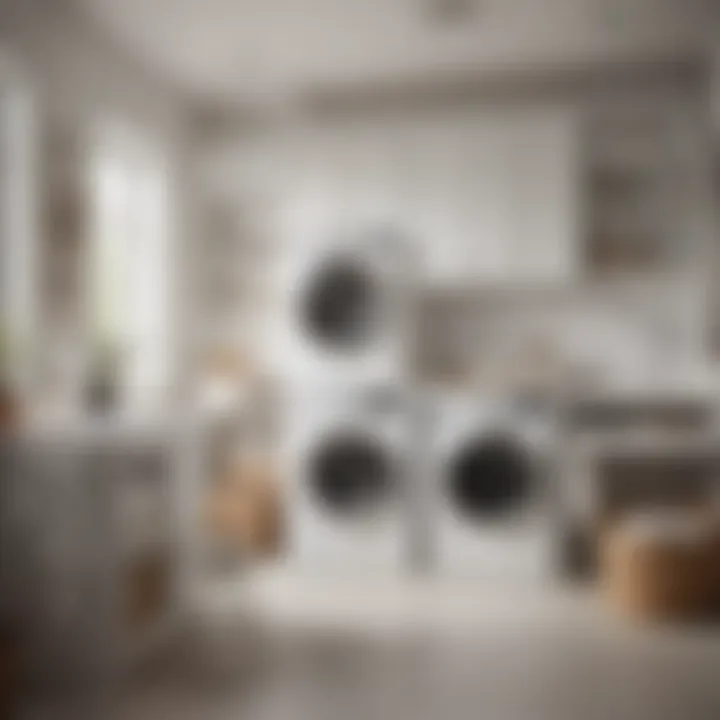 An organized laundry space with white garments in a basket