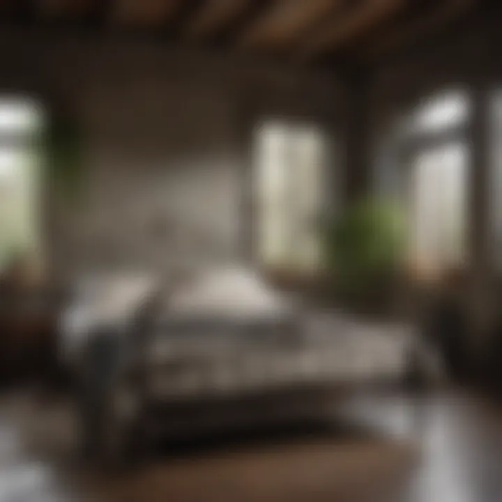 Raw iron bed in a rustic interior setting