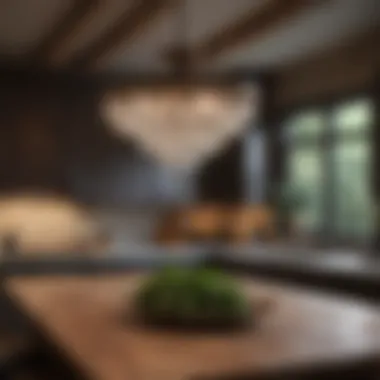 Chic Chandelier Above Rustic Island Chic chandelier positioned above a rustic kitchen island