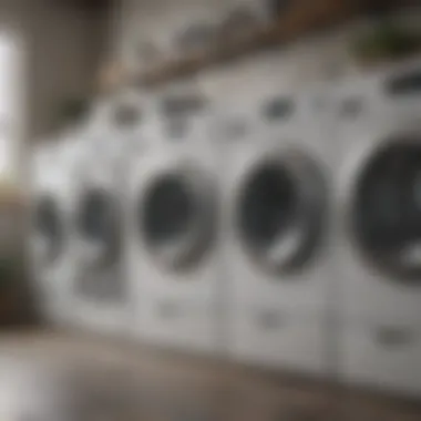 An array of washing machines with various features highlighted for comparison.