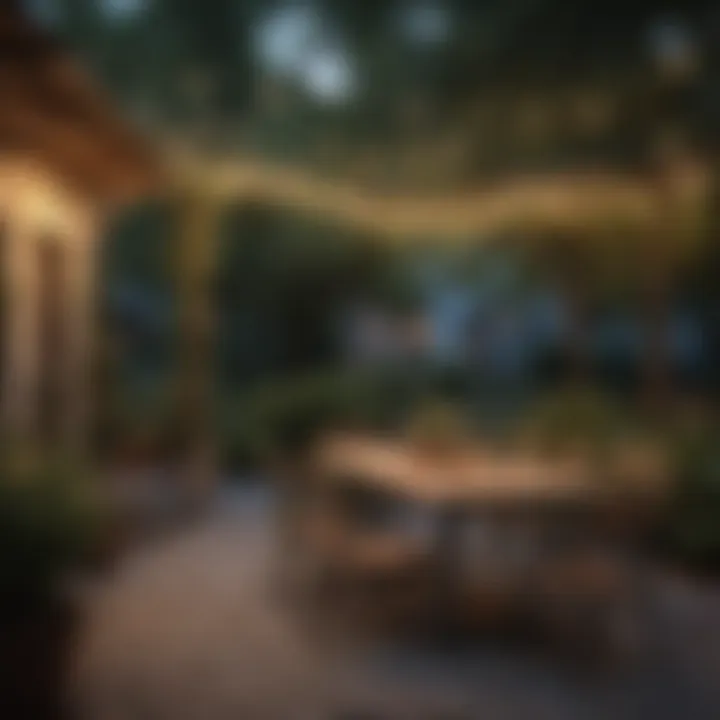 An outdoor dining area illuminated by warm string lights