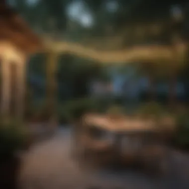 Romantic Outdoor Dining Area with String Lights An outdoor dining area illuminated by warm string lights