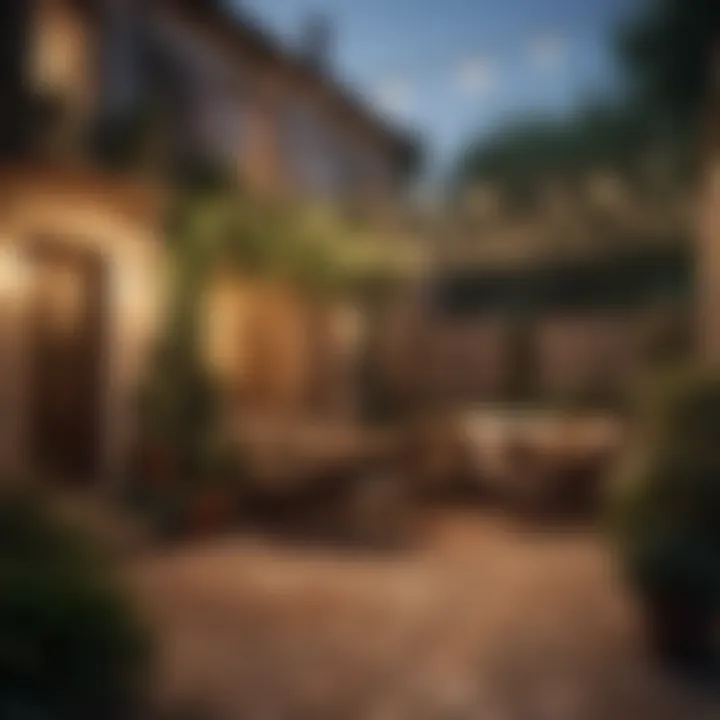 A beautifully lit outdoor patio featuring string lights