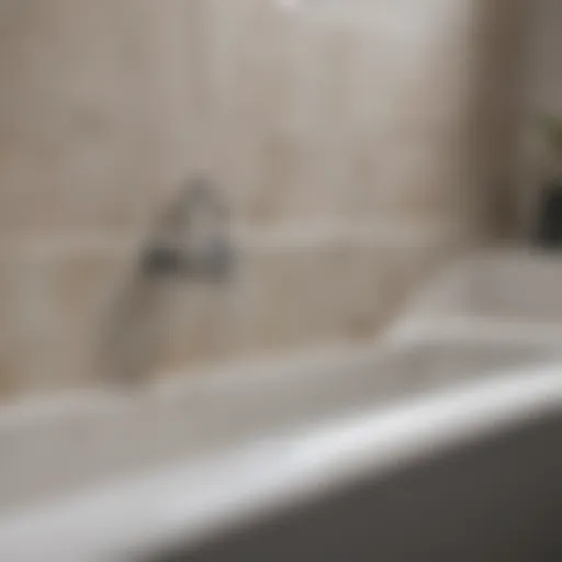 Close-up of hard water stains on a bathtub surface