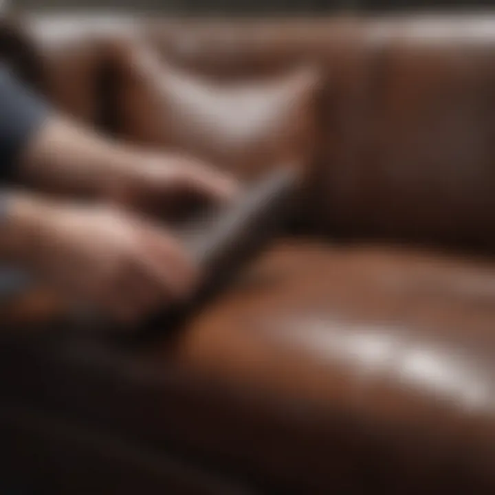 Demonstration of applying a leather conditioner on a couch