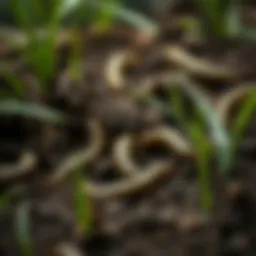 Close-up of lawn grubs in soil
