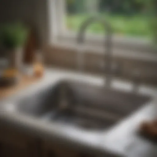 Close-up of a kitchen sink showing standing water