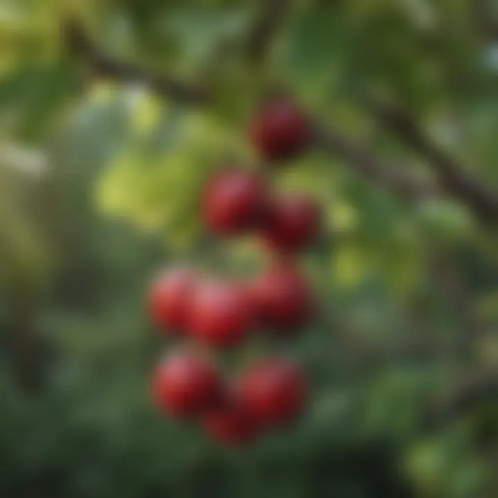 Close-up of ripe cherries on a tree branch