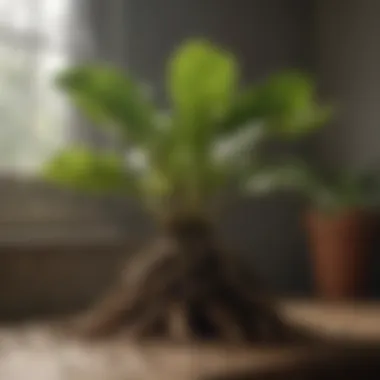 Fiddle leaf fig roots exploring the potting soil