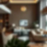 An elegant living room showcasing urban chic design with modern furniture and cultural decor.