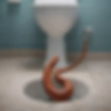 Close-up of a plumbing snake navigating through toilet pipes