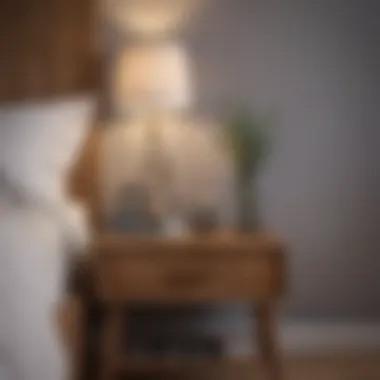 Chic Wooden Bedside Table Accents Stylish wooden bedside table with decorative items