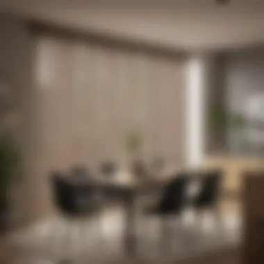 Dining area adorned with chic vertical blinds and an elegant valance