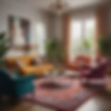 Vibrant Living Room with Colorful Chairs A vibrant living room with colorful chairs and a unique decorative rug