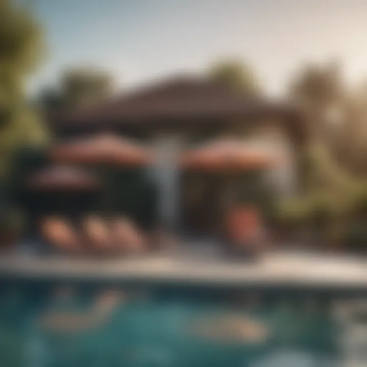 A beautiful outdoor setting featuring vintage pool umbrellas complementing the landscape.
