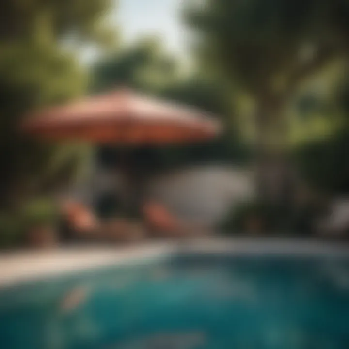 An elegantly restored vintage pool umbrella standing proudly by a poolside.