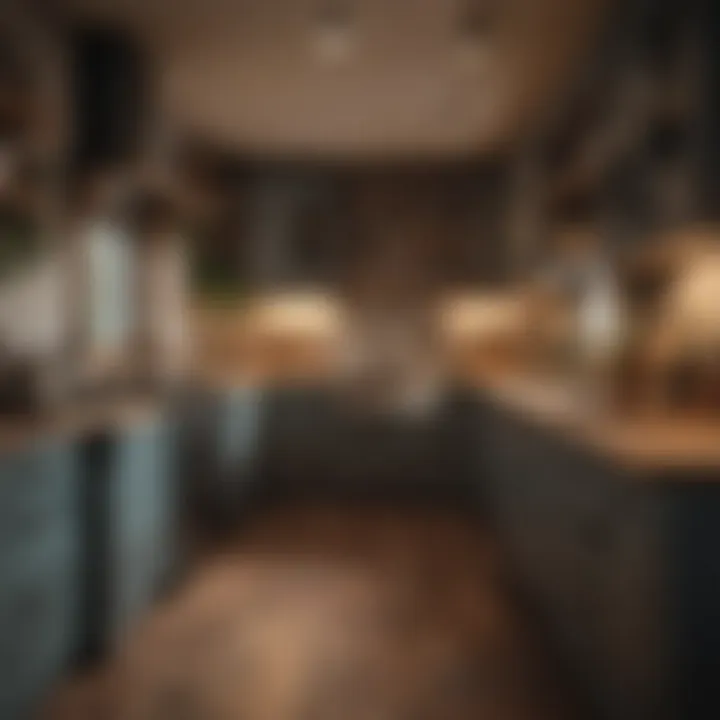 Cozy galley kitchen with warm lighting and rustic elements
