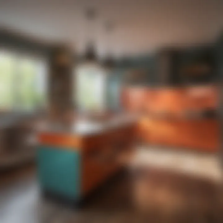 Open galley kitchen with island and vibrant color scheme