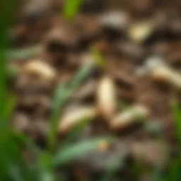 Close-up view of grubs in soil